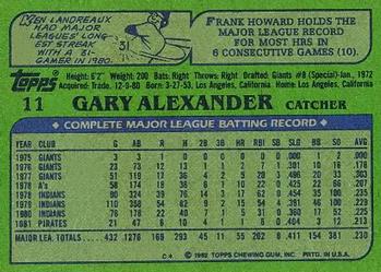 1982 Topps #11 Gary Alexander Back