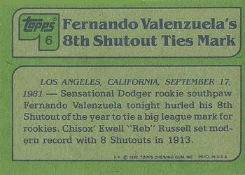 1982 Topps #6 Fernando Valenzuela Back