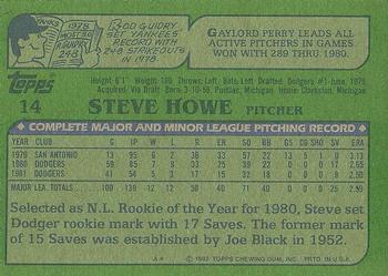 1982 Topps #14 Steve Howe Back