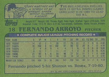 1982 Topps #18 Fernando Arroyo Back
