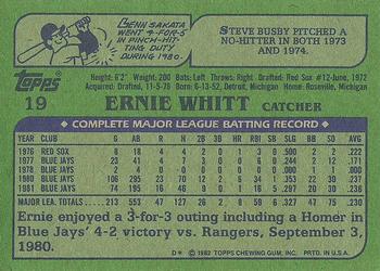 1982 Topps #19 Ernie Whitt Back
