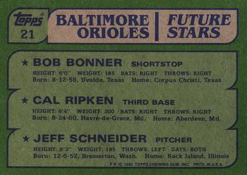 1982 Topps #21 Orioles Future Stars (Bob Bonner / Cal Ripken / Jeff Schneider) Back