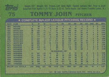 1982 Topps #75 Tommy John Back