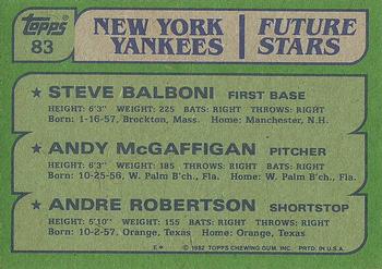 1982 Topps #83 Yankees Future Stars (Steve Balboni / Andy McGaffigan / Andre Robertson) Back