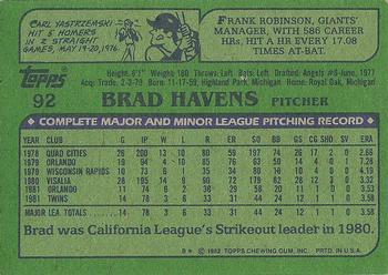 1982 Topps #92 Brad Havens Back