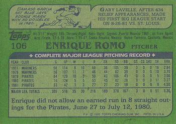 1982 Topps #106 Enrique Romo Back