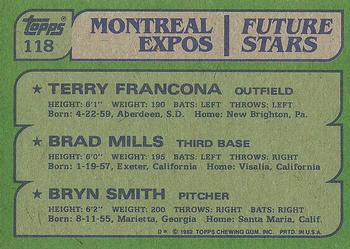 1982 Topps #118 Expos Future Stars (Terry Francona / Brad Mills / Bryn Smith) Back
