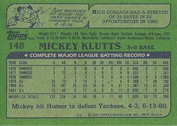 1982 Topps #148 Mickey Klutts Back