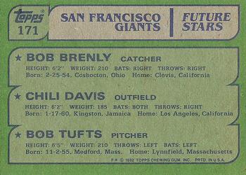 1982 Topps #171 Giants Future Stars (Bob Brenly / Chili Davis / Bob Tufts) Back