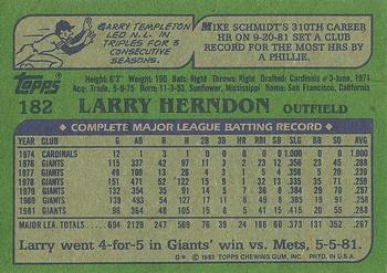 1982 Topps #182 Larry Herndon Back