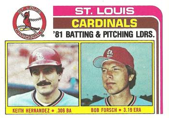 1982 Topps #186 Cardinals Leaders / Checklist (Keith Hernandez / Bob Forsch) Front