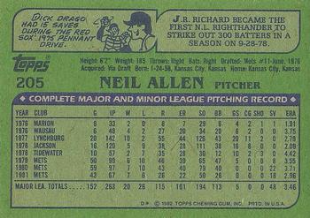 1982 Topps #205 Neil Allen Back