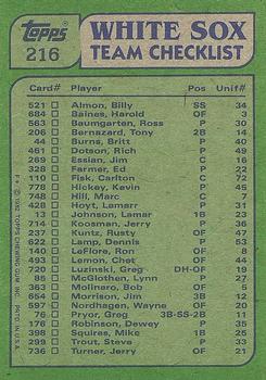 1982 Topps #216 White Sox Leaders / Checklist (Chet Lemon / Dennis Lamp) Back