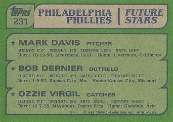 1982 Topps #231 Phillies Future Stars (Mark Davis / Bob Dernier / Ozzie Virgil) Back