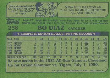 1982 Topps #258 Bo Diaz Back