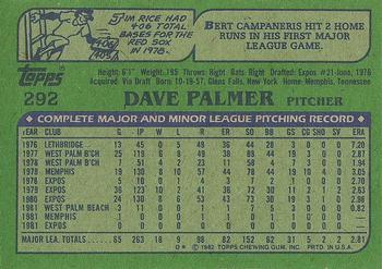1982 Topps #292 Dave Palmer Back