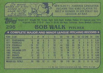 1982 Topps #296 Bob Walk Back