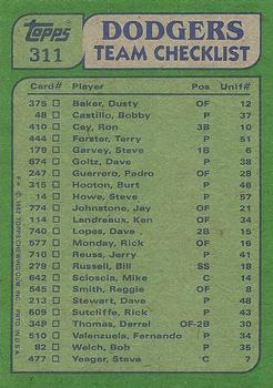 1982 Topps #311 Dodgers Leaders / Checklist (Dusty Baker / Burt Hooton) Back