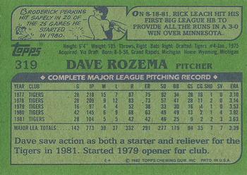 1982 Topps #319 Dave Rozema Back