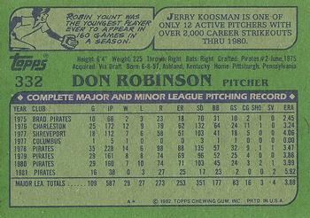 1982 Topps #332 Don Robinson Back