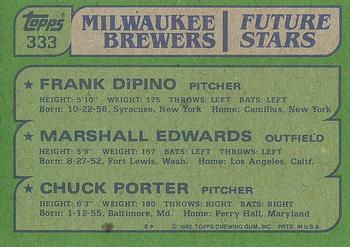 1982 Topps #333 Brewers Future Stars (Frank DiPino / Marshall Edwards / Chuck Porter) Back