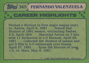 1982 Topps #345 Fernando Valenzuela Back