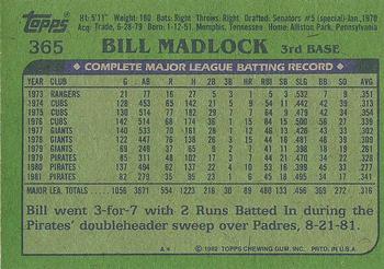 1982 Topps #365 Bill Madlock Back