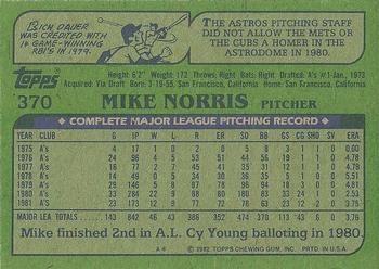 1982 Topps #370 Mike Norris Back