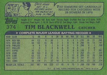 1982 Topps #374 Tim Blackwell Back