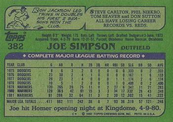 1982 Topps #382 Joe Simpson Back