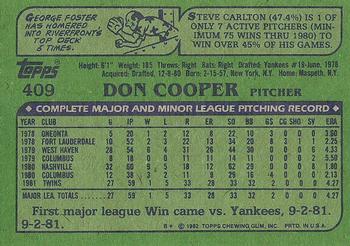 1982 Topps #409 Don Cooper Back