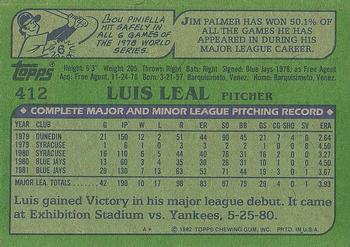 1982 Topps #412 Luis Leal Back