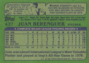 1982 Topps #437 Juan Berenguer Back