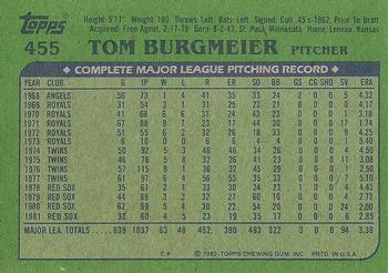 1982 Topps #455 Tom Burgmeier Back