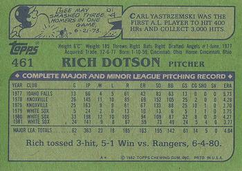 1982 Topps #461 Rich Dotson Back