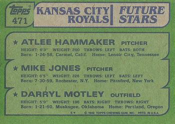 1982 Topps #471 Royals Future Stars (Atlee Hammaker / Mike Jones / Darryl Motley) Back