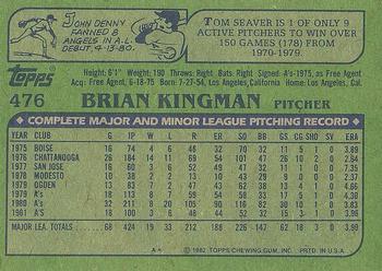 1982 Topps #476 Brian Kingman Back