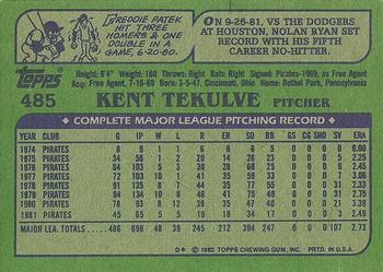 1982 Topps #485 Kent Tekulve Back