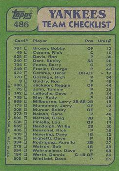 1982 Topps #486 Yankees Leaders / Checklist (Jerry Mumphrey / Tommy John) Back