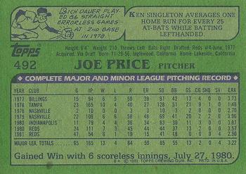 1982 Topps #492 Joe Price Back