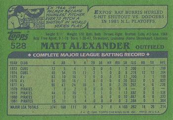 1982 Topps #528 Matt Alexander Back