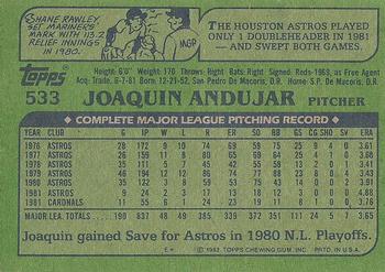 1982 Topps #533 Joaquin Andujar Back