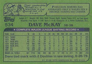 1982 Topps #534 Dave McKay Back