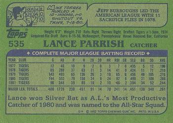 1982 Topps #535 Lance Parrish Back