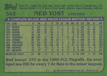 1982 Topps #542 Ned Yost Back