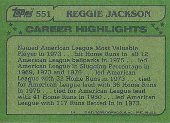 1982 Topps #551 Reggie Jackson Back