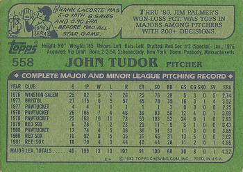 1982 Topps #558 John Tudor Back