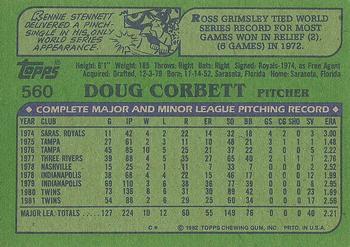 1982 Topps #560 Doug Corbett Back