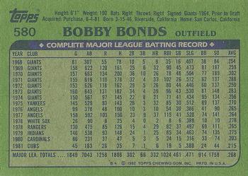 1982 Topps #580 Bobby Bonds Back