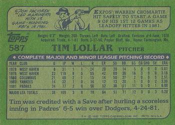 1982 Topps #587 Tim Lollar Back
